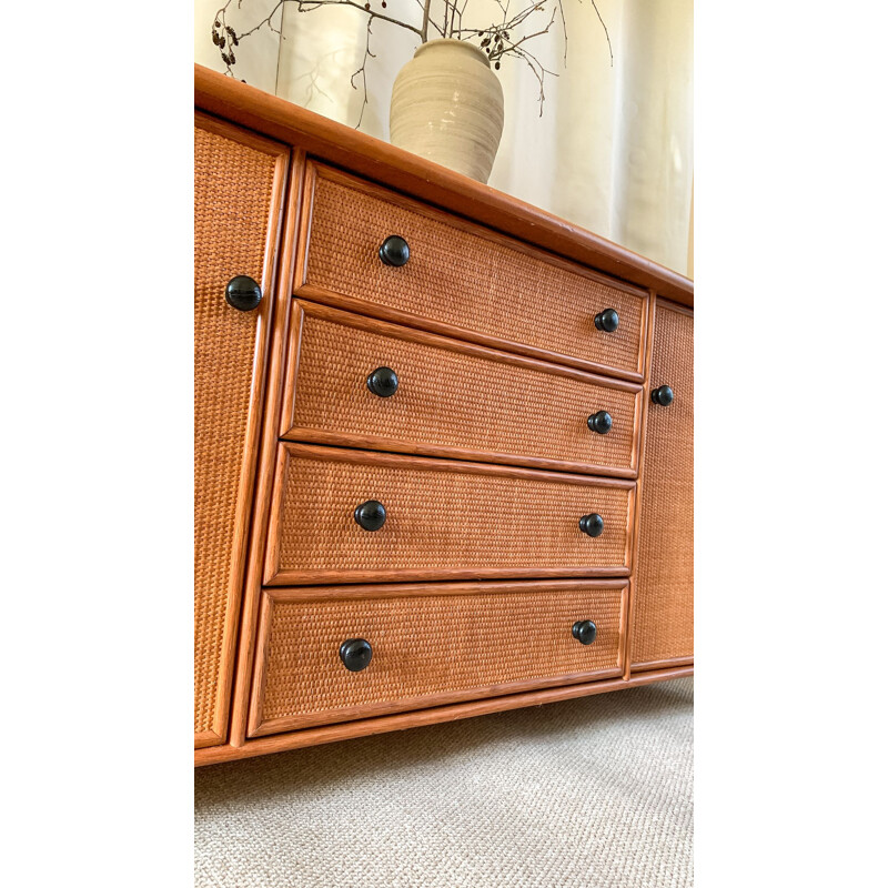 Mid-century rattan long sideboard cabinet, 1970s