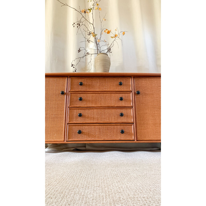 Mid-century rattan long sideboard cabinet, 1970s