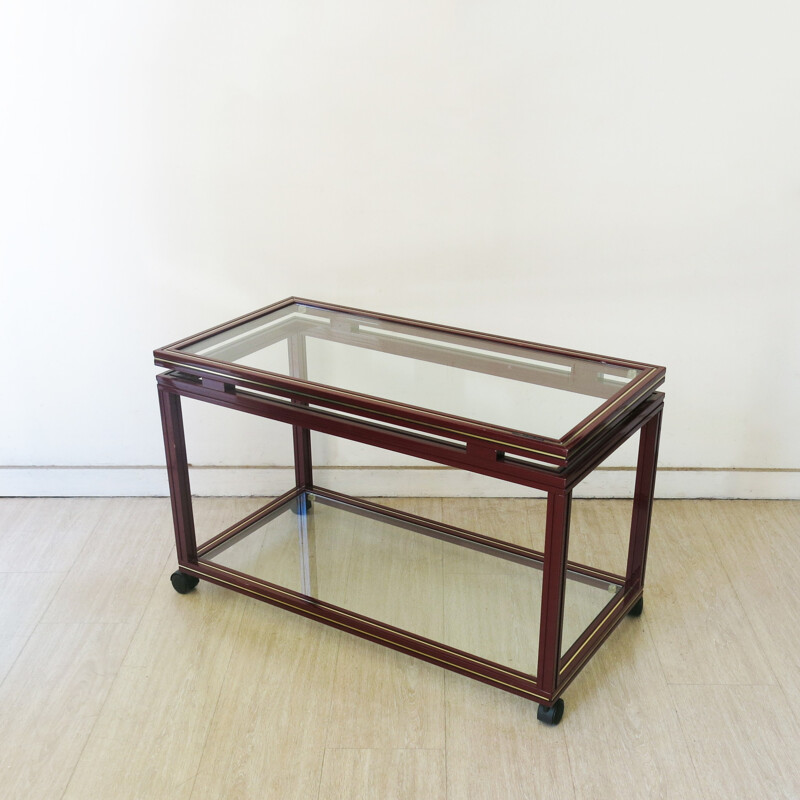 Table roulante en métal laqué bordeaux et verre, Pierre VANDEL - 1970