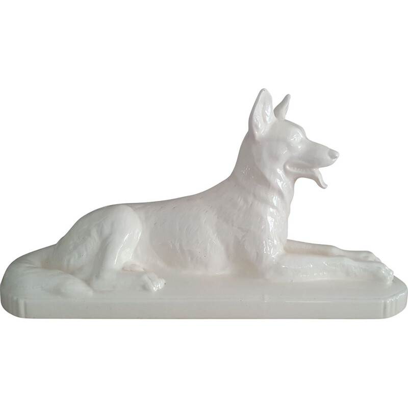 Vintage porcelain statue of a German shepherd by Sarreguemines, France 1920-1930s