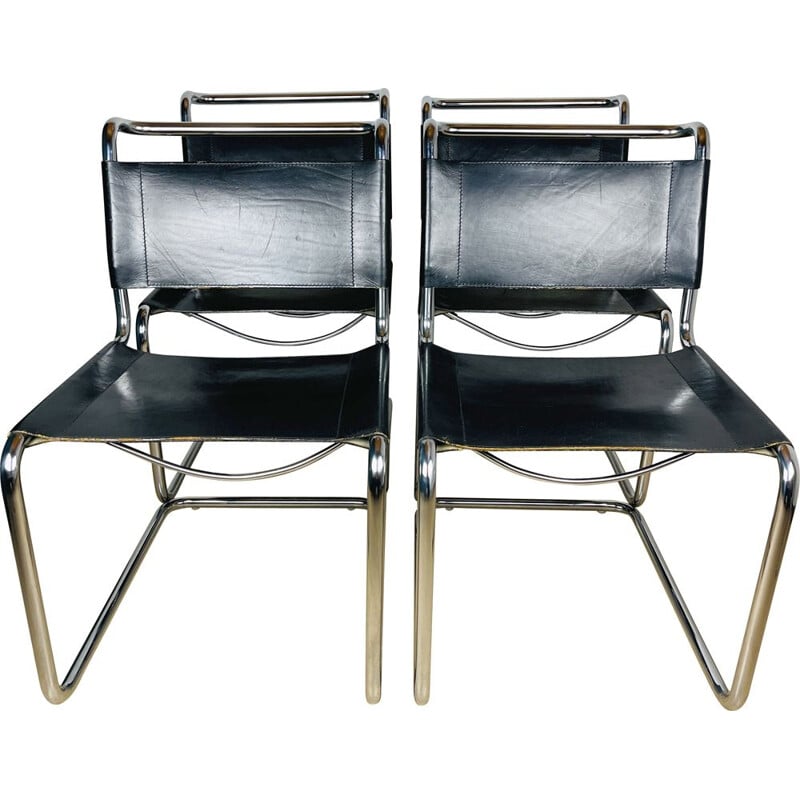 Ensemble de 4 chaises cantilever vintage B33 en cuir noir par Marcel Breuer, Italie 1970