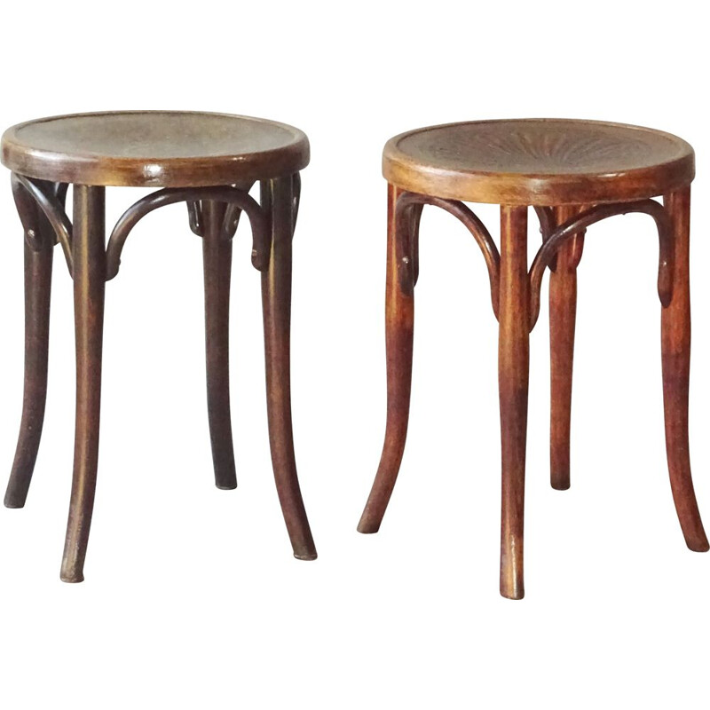 Pair of vintage bistro stools with wooden seat by Kohn and Thonet, 1900