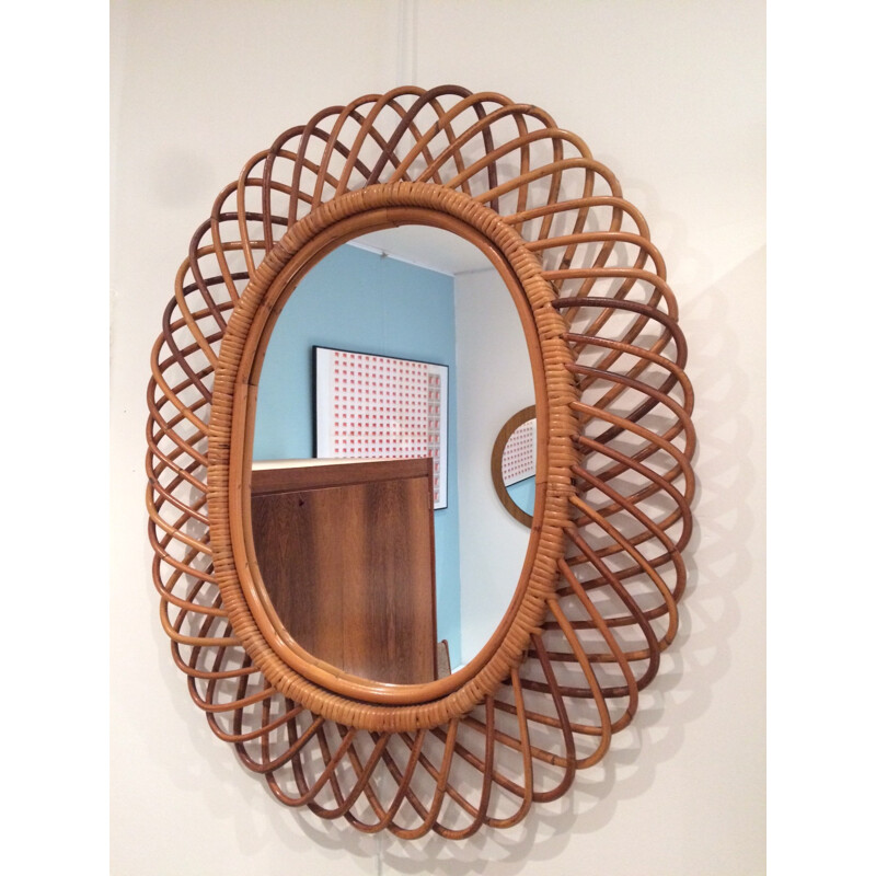 Large oval mirror in rattan - 1960s