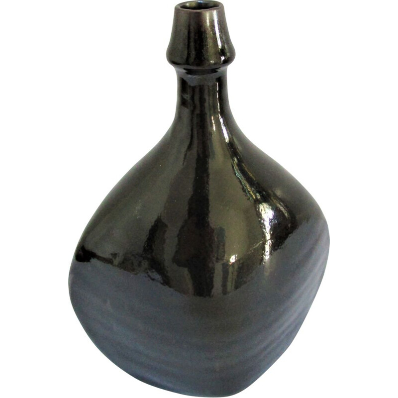 Vintage Les Cyclades Anduze black glazed stoneware bottle vase by Roland Zobel, 1970-1980