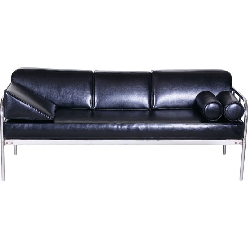 Vintage black leather sofa by Vichr & Co., 1930s