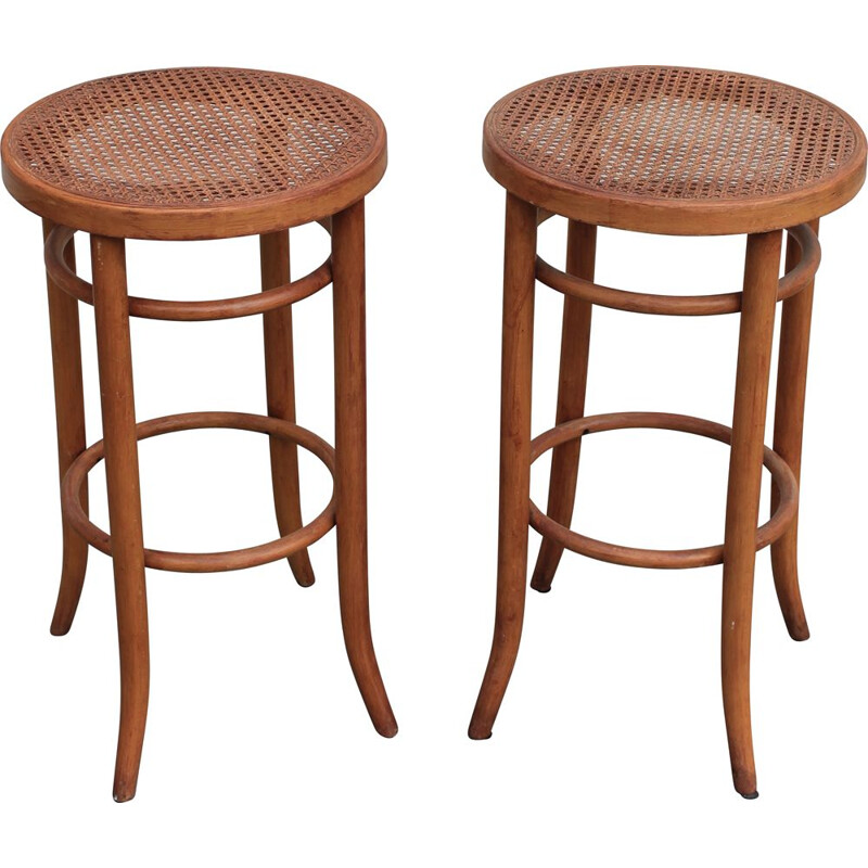 Pair of vintage bar stools in beech wood and cane, 1980