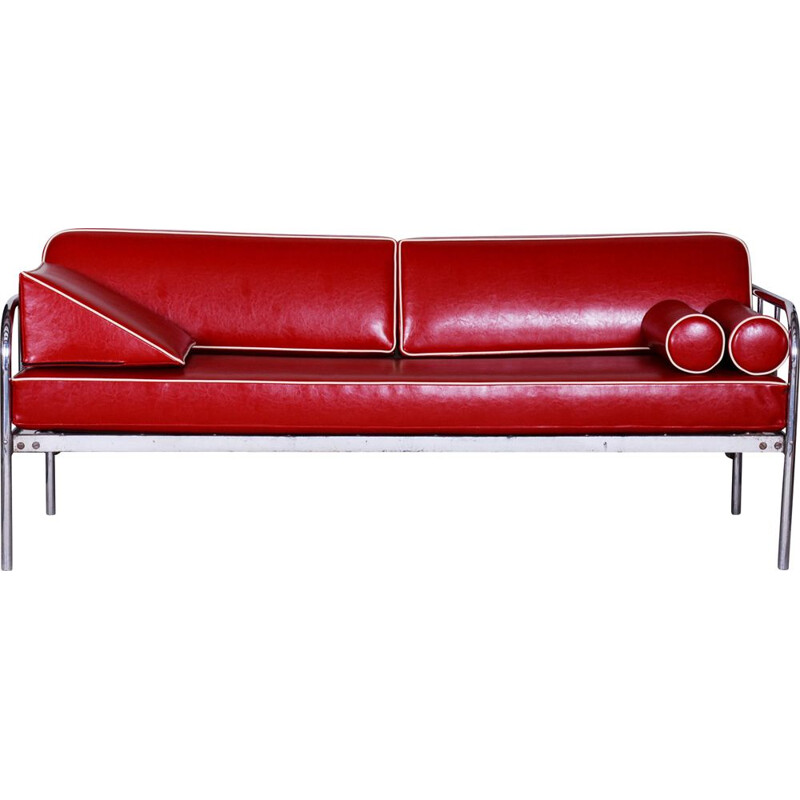 Vintage red leather sofa by Vichr & Co., 1930s
