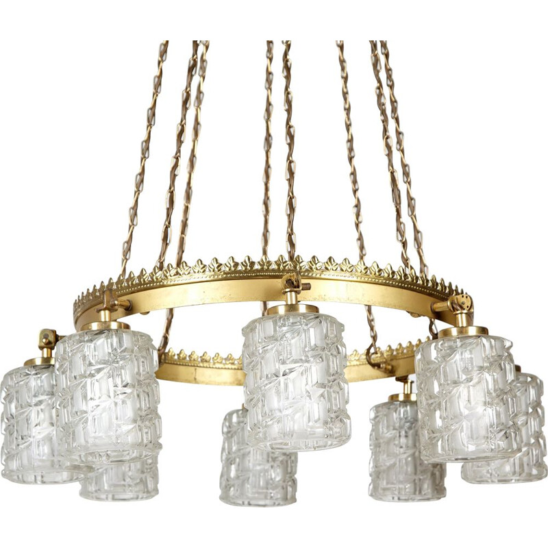 Vintage glass and metal chandelier with  roundish brass frame, 1970s
