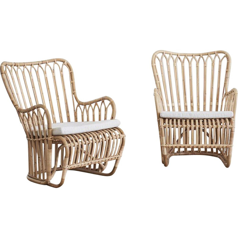 Pair of vintage rattan armchairs model Tulip by Tove and Edvard Kindt-Larsen, Denmark 1940