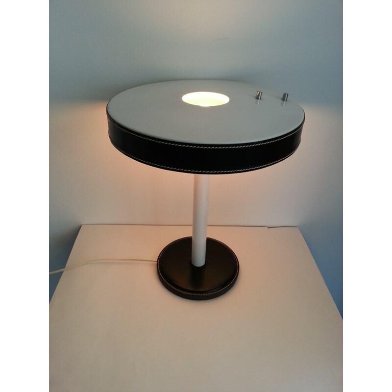 Lampe de table vintage en acier et cuir - 1950