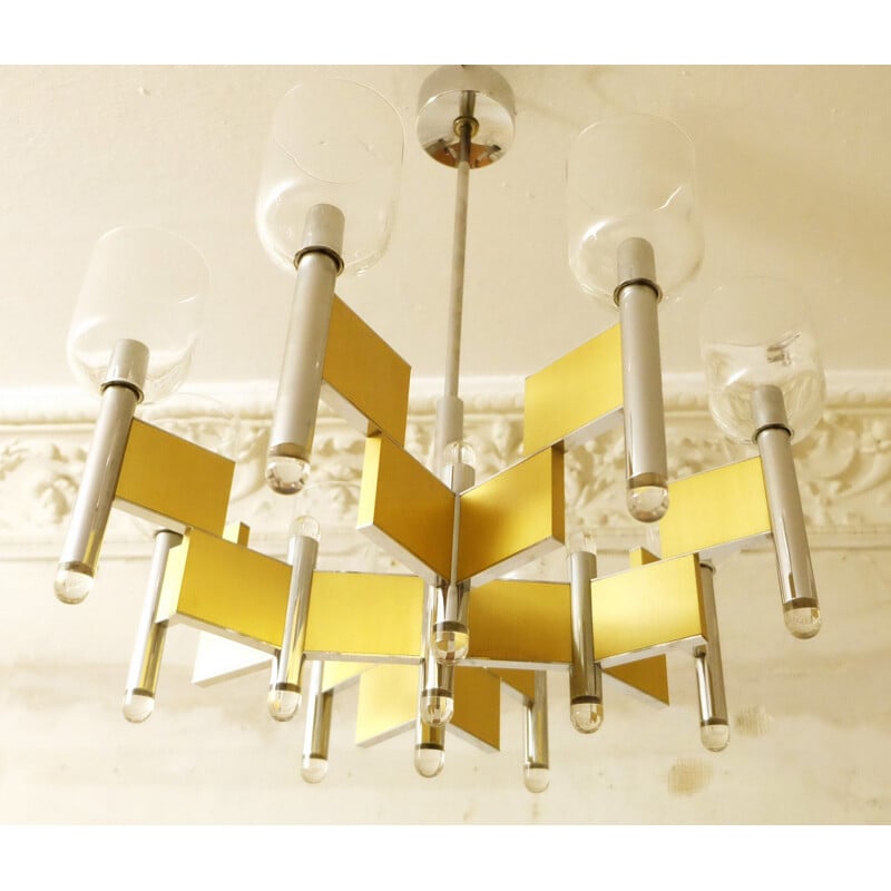 Vintage 8 arms brass chandelier by Gaetano Sciolari, Italy 1970