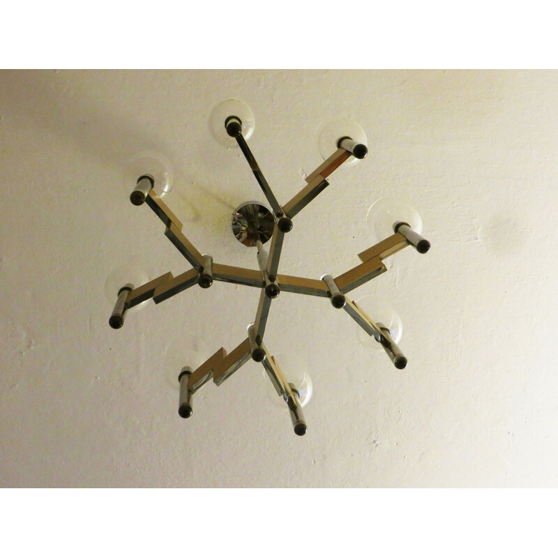 Vintage 8 arms brass chandelier by Gaetano Sciolari, Italy 1970