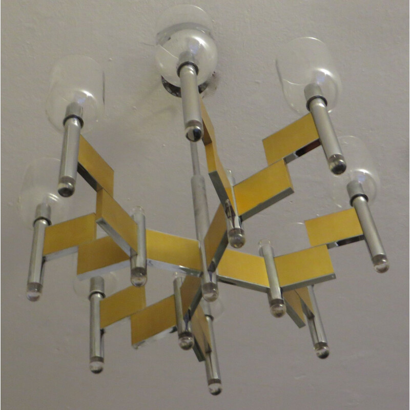 Vintage 8 arms brass chandelier by Gaetano Sciolari, Italy 1970