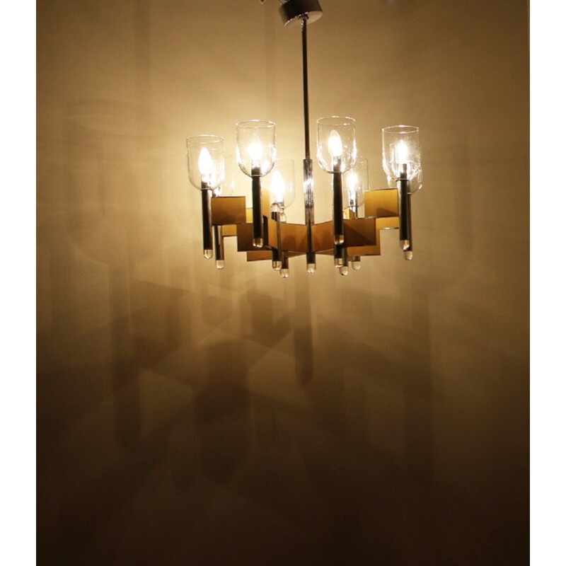 Vintage 8 arms brass chandelier by Gaetano Sciolari, Italy 1970