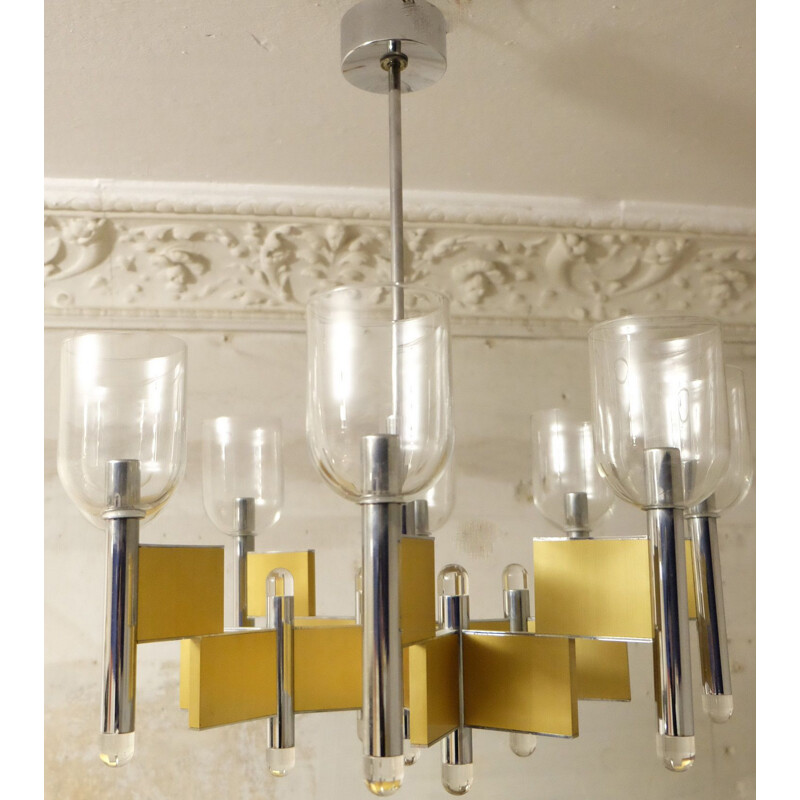 Vintage 8 arms brass chandelier by Gaetano Sciolari, Italy 1970