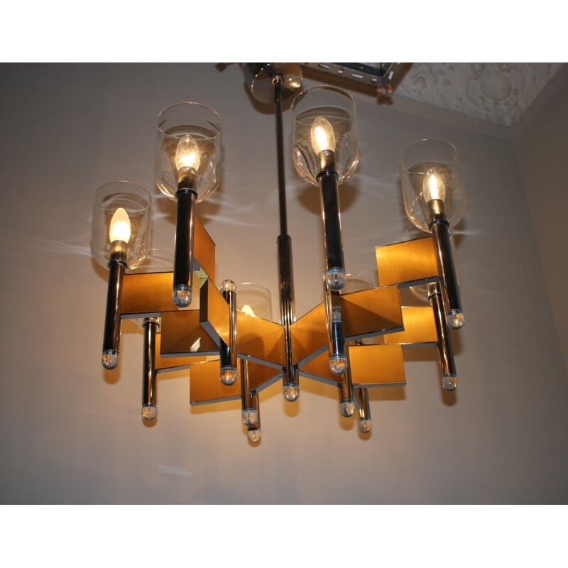 Vintage 8 arms brass chandelier by Gaetano Sciolari, Italy 1970