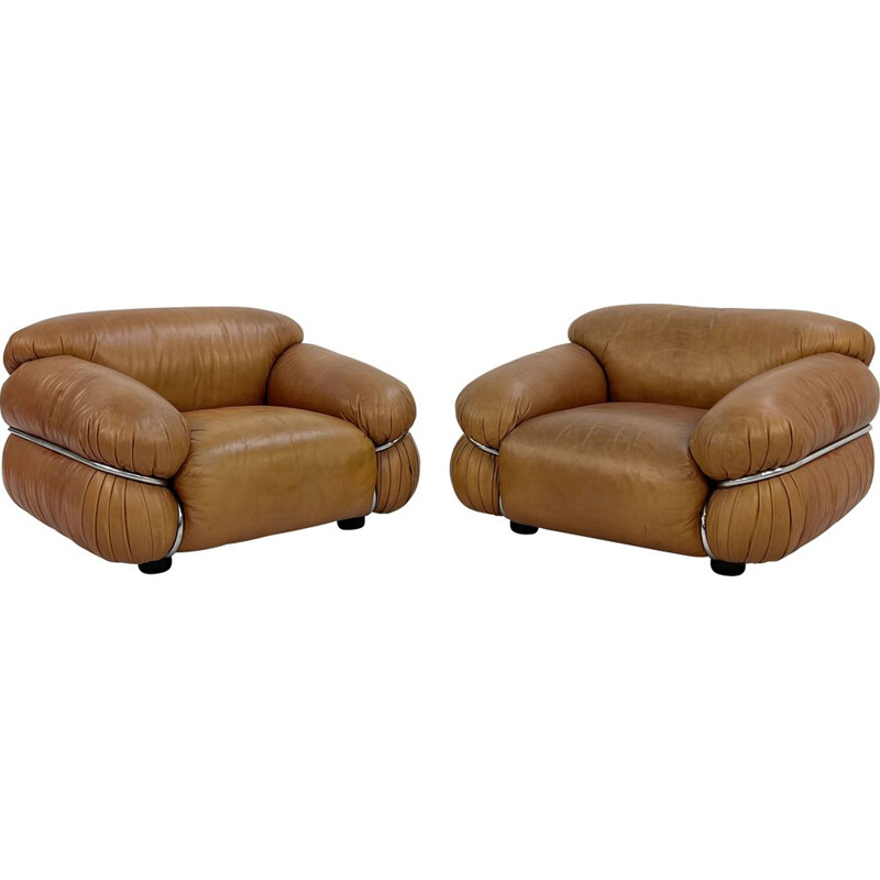 Fauteuils vintage Sesann en cuir camel par Gianfranco Frattini pour Cassina, 1970