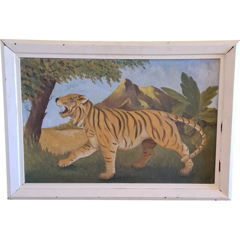 Pintura vintage de un tigre sobre madera contrachapada, 1950