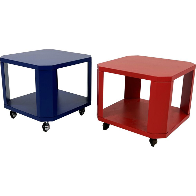 Pair of vintage colourful side tables on wheels, 1980s