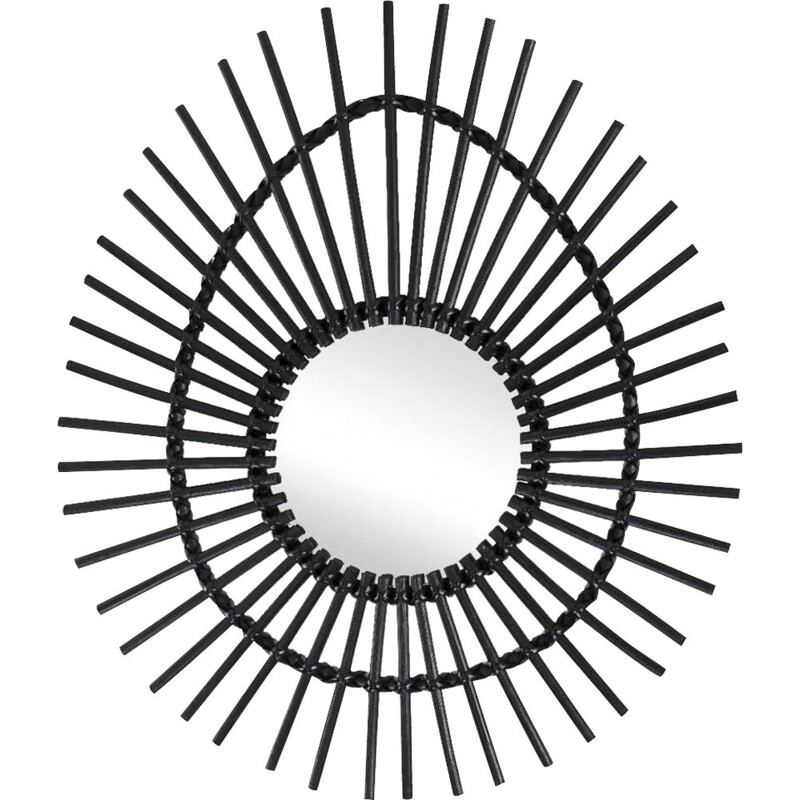 Vintage black lacquered rattan mirror of free form