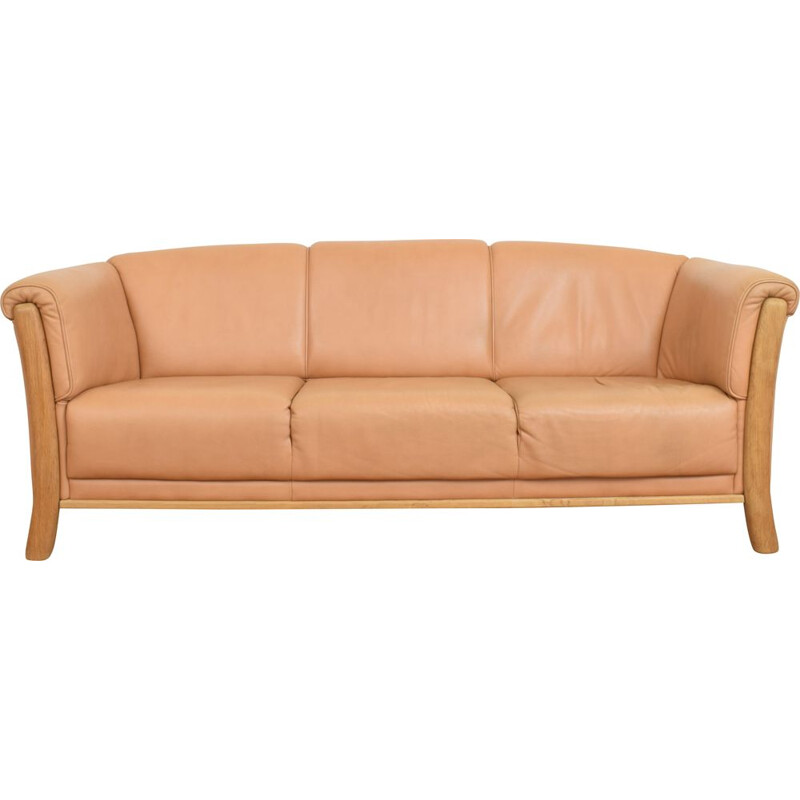Vintage oak and leather 3-seater sofa, Denmark 1970