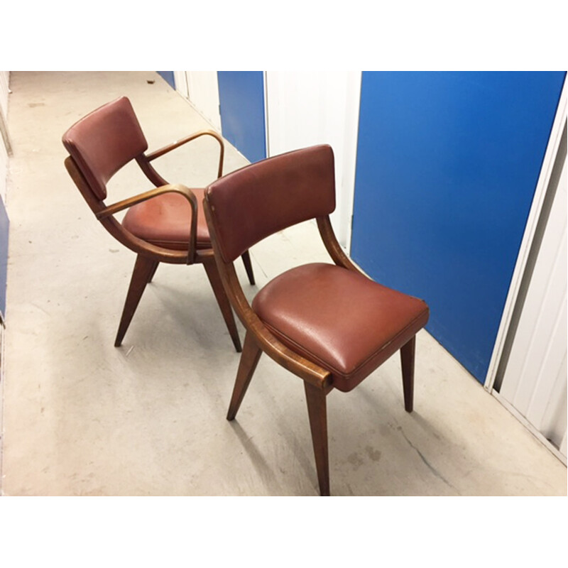 Pair of Benchairs of Somerset chairs in beech and brown leatherette - 1960s 
