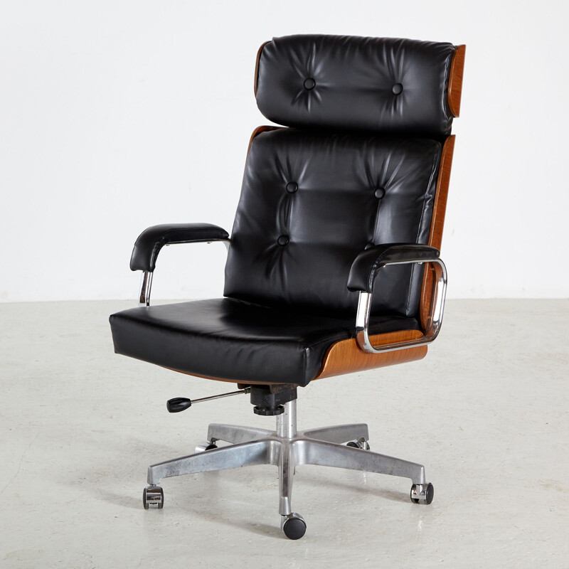 Swiss vintage rosewood and leather office chair on wheels, 1970s