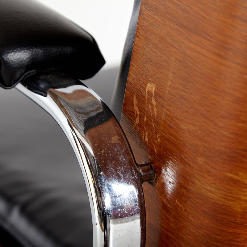 Swiss vintage rosewood and leather office chair on wheels, 1970s