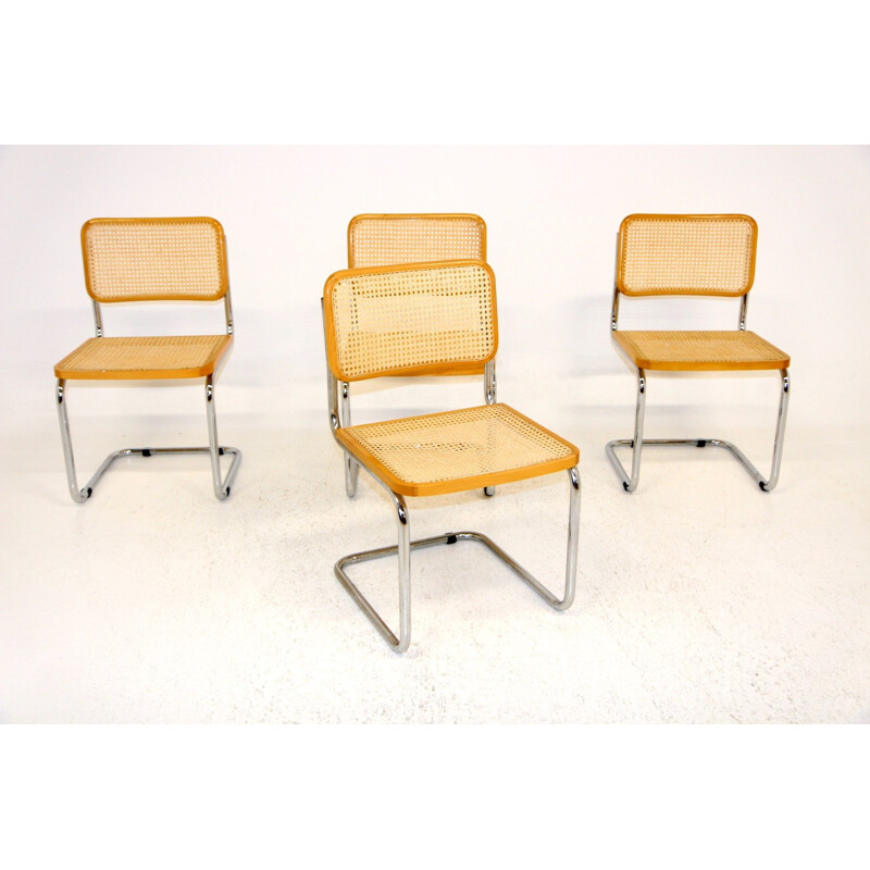 Lot de 4 chaises vintage en hêtre et cannage, Italie