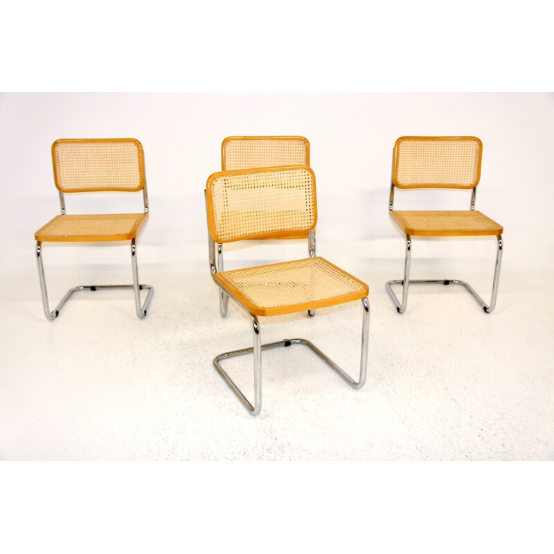 Set of 4 vintage beechwood and cane chairs, Italy