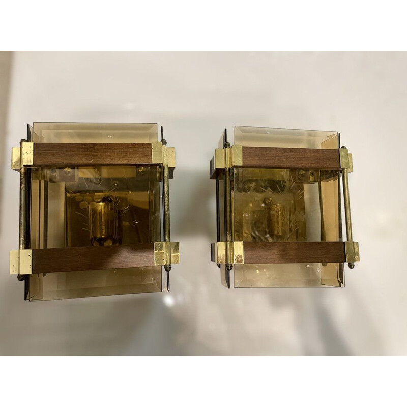 Pair of vintage wall lamps in smoked glass and brass