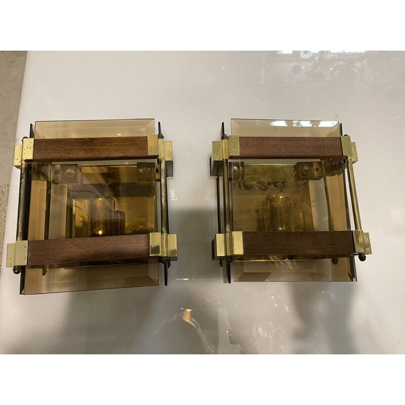 Pair of vintage wall lamps in smoked glass and brass