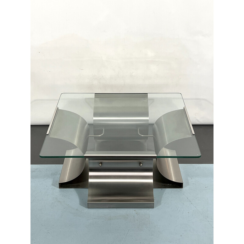 Vintage coffee table in brushed steel by Francois Monnet for Kappa, France 1970