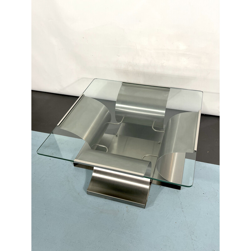 Vintage coffee table in brushed steel by Francois Monnet for Kappa, France 1970