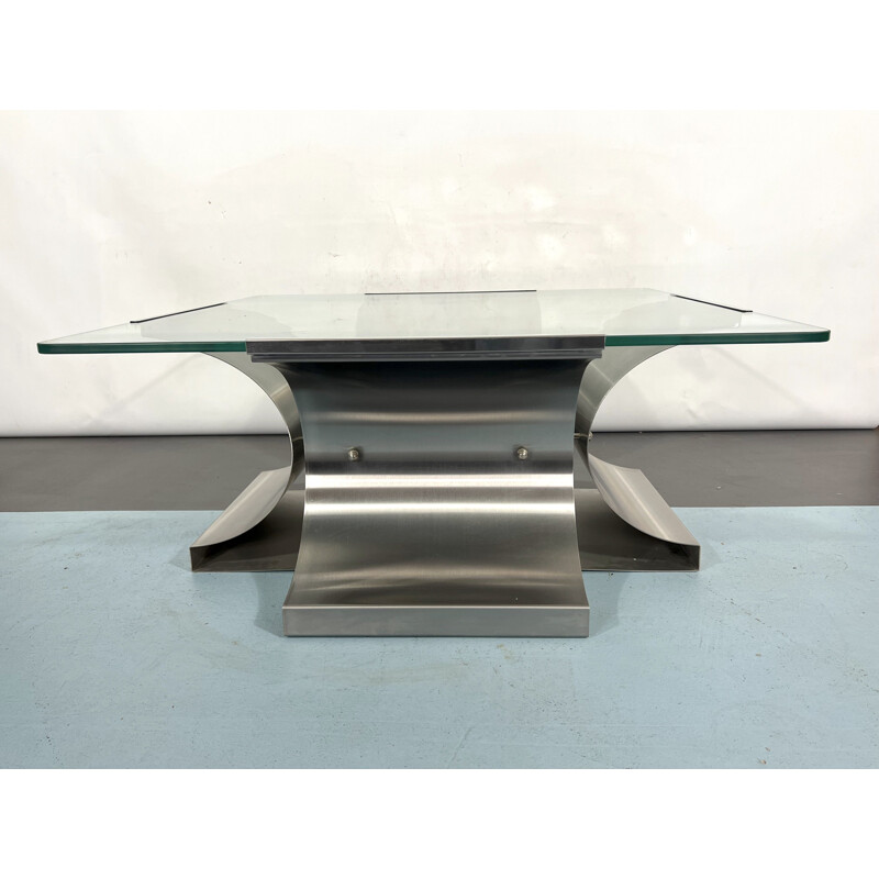 Vintage coffee table in brushed steel by Francois Monnet for Kappa, France 1970