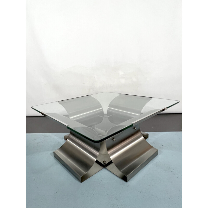 Vintage coffee table in brushed steel by Francois Monnet for Kappa, France 1970