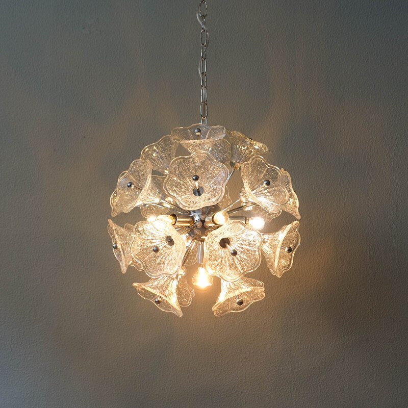 Vintage glass flower chromed Sputnik chandelier by Paolo Venini for VeArt, 1960s