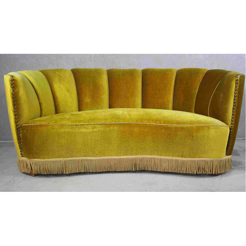 Danish vintage velvet Banana sofa, 1940s