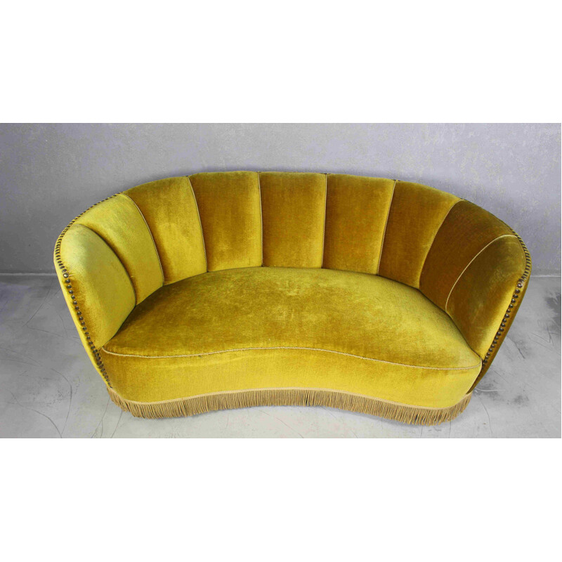 Danish vintage velvet Banana sofa, 1940s