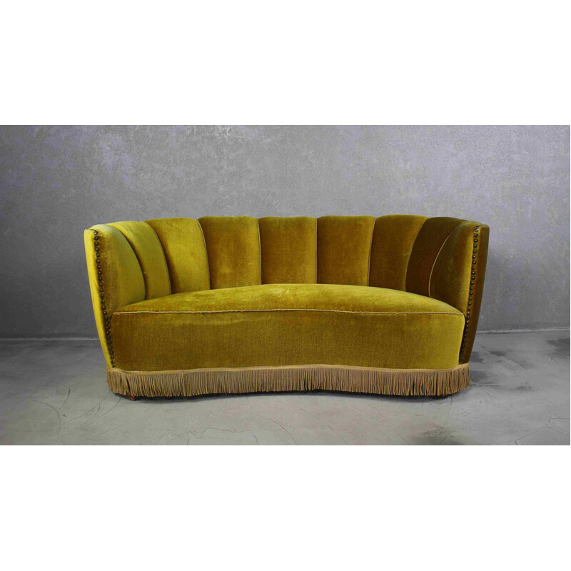 Danish vintage velvet Banana sofa, 1940s