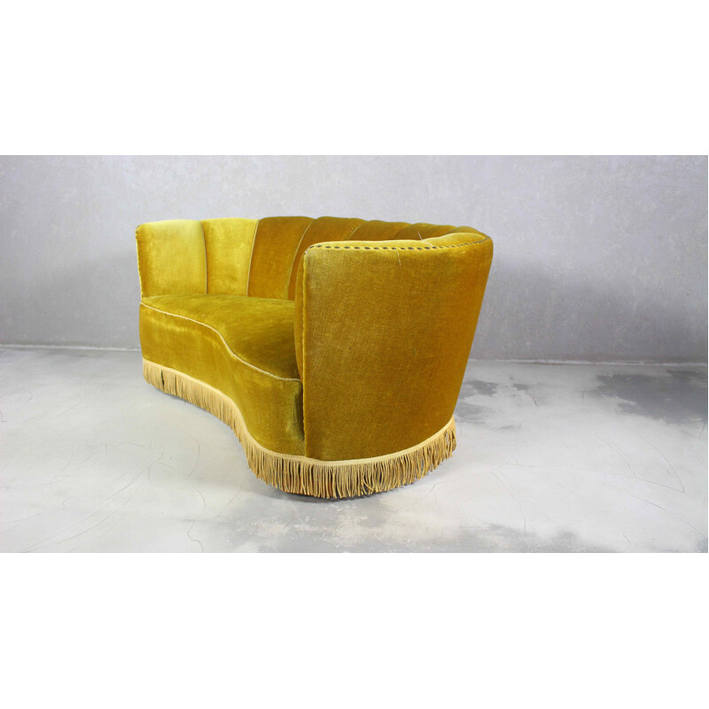 Danish vintage velvet Banana sofa, 1940s