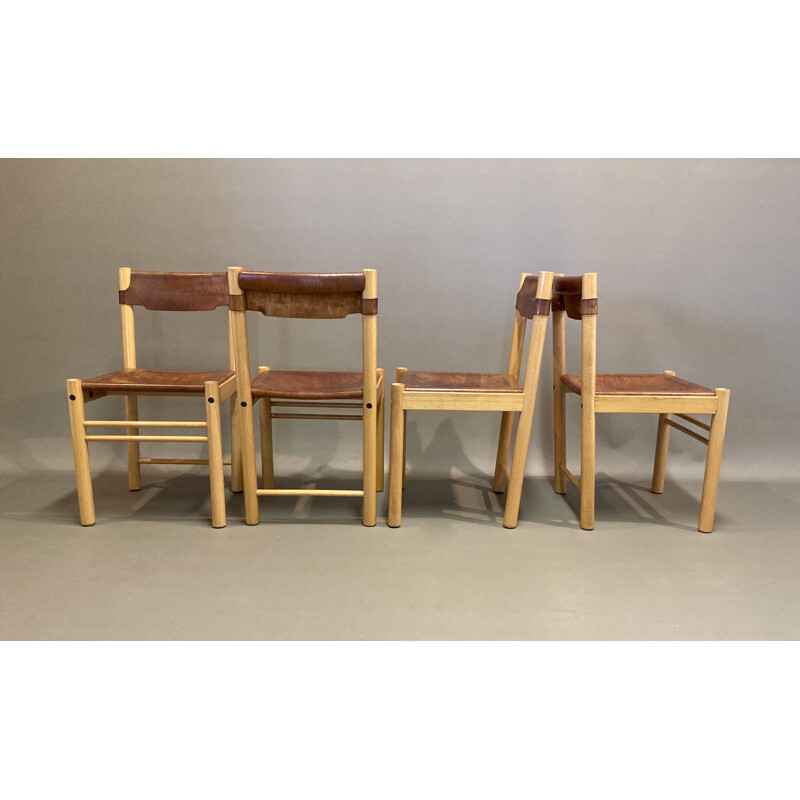 Set van 4 vintage beuken en lederen stoelen van Sede voor Ibisco, 1960