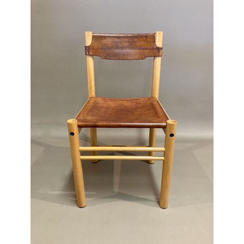 Ensemble de 4 chaises vintage en hêtre et cuir par Sede pour Ibisco, 1960