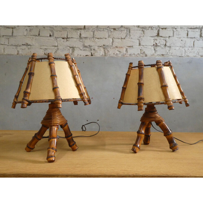 Paar vintage bamboe lampen, 1970