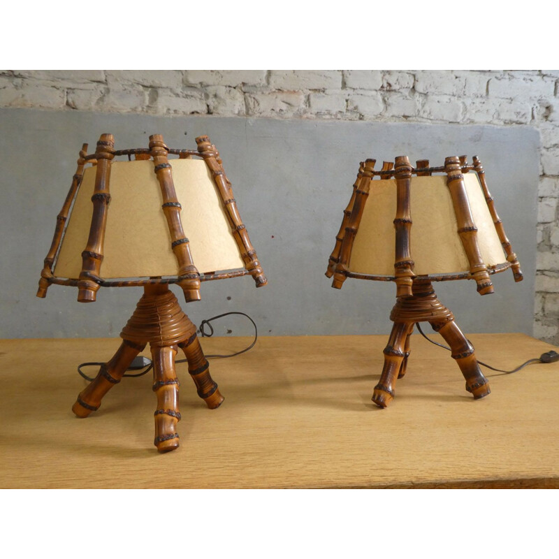 Coppia di lampade vintage in bambù, 1970