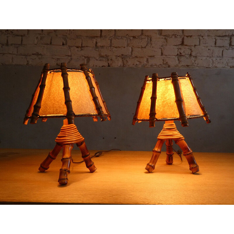 Coppia di lampade vintage in bambù, 1970