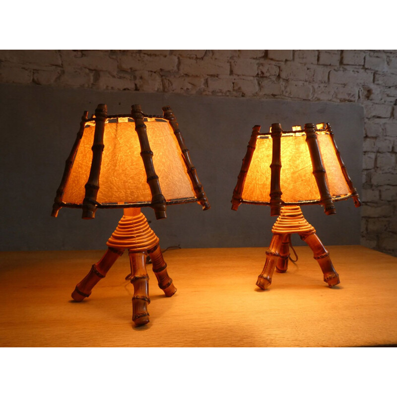 Paar vintage bamboe lampen, 1970