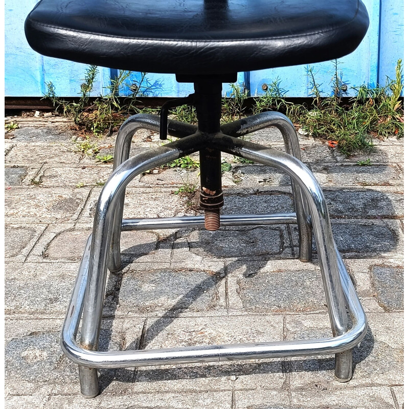 Vintage chrome plated metal and black leather industrial laboratory chair, 1960