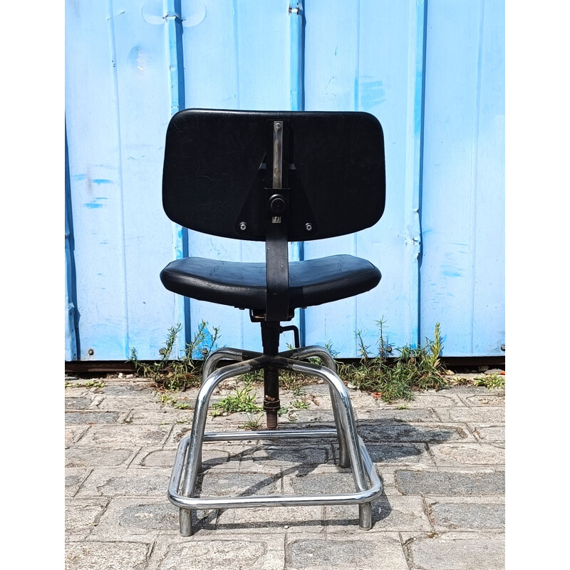 Vintage chrome plated metal and black leather industrial laboratory chair, 1960