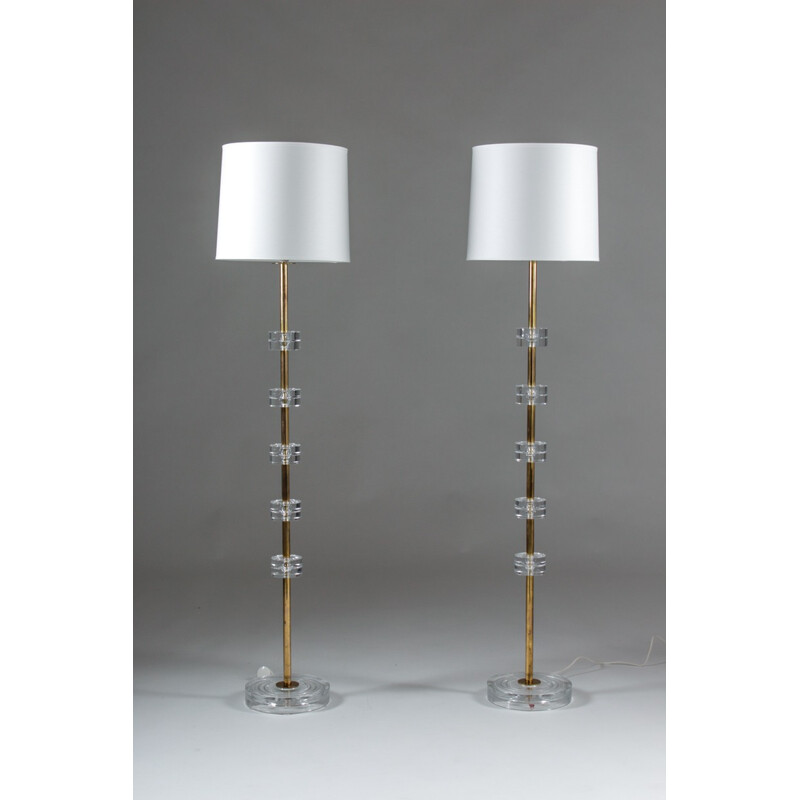 Pair of Orrefors floor lamps in brass and glass, Carl FAGERLUND - 1960s